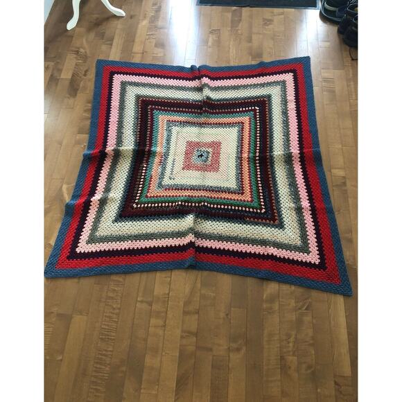 American Vintage Hand Crocheted blanket multi coloured 66"x66" - Picture 8 of 9